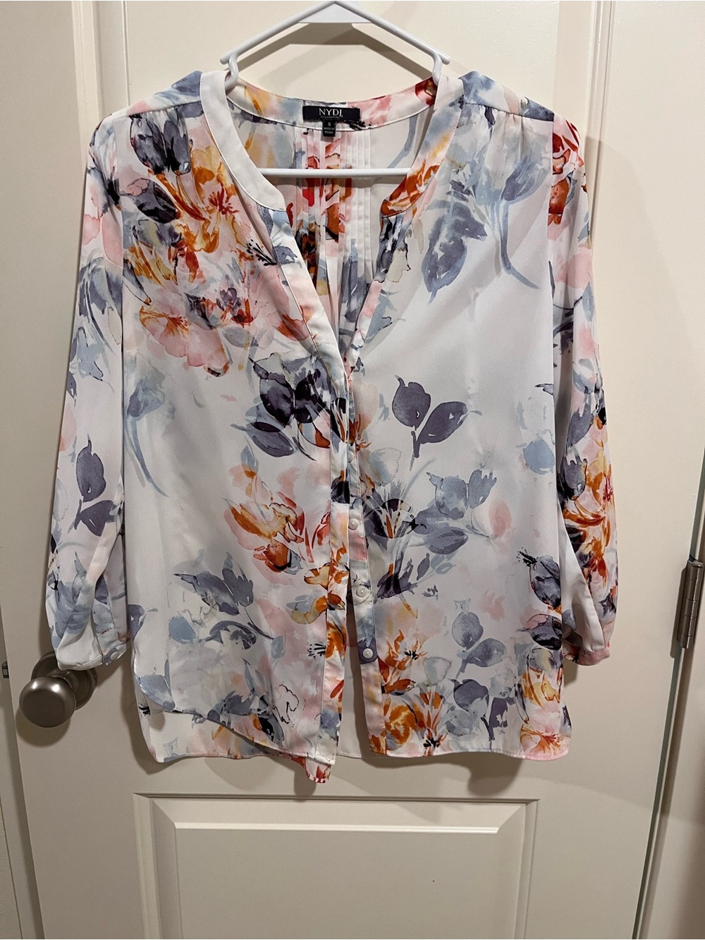 NYDJ White Floral Watercolor Button-Front Blouse